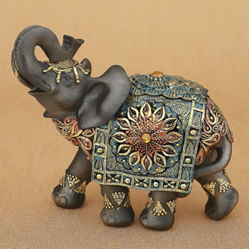Mahogany Brown elephant with colorful headdress and blanket - large size