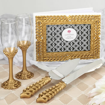 Gold lattice botanical collection set, consisting of a cake knife set, a flute set and a guest book