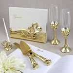 Gold double heart themed wedding accessory set