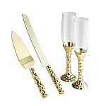 Gold Hammered design cake and server set bundled with the glass sets