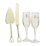 Golden splendor Mr & Mrs glass toasting set with gold plated all metal cake knife set