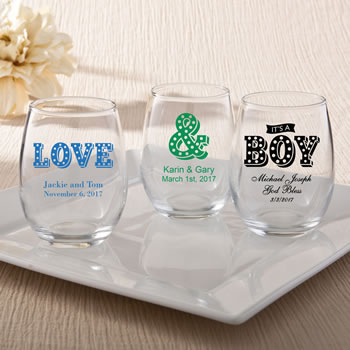 Personalized 15oz Stemless Wine Glasses – marquee design