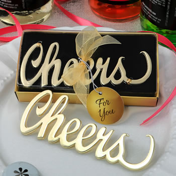 Metal cheers bottle opener with a gold finish