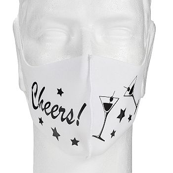 white mask with black Cheers, stars and toasting glasses design