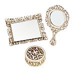 Vanity set - 3 piece set - covered box, hand mirror, mirror tray - champagne Gold