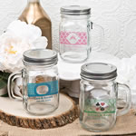 12 ounce personalized Glass mason jar with handle and silver metal screw top