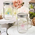 Screen printed personalized 12 ounce glass mason jar with silver metal screw top