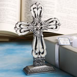 Pewter Color Cross Statue With Ivory Enamel Inlay